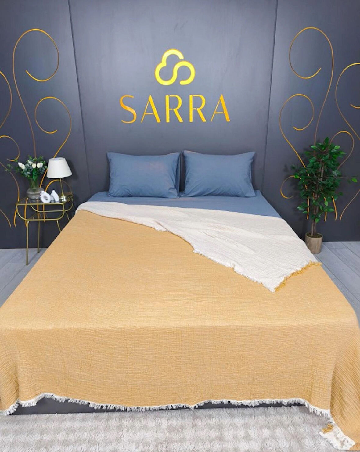 SARRA 160X240 TEK KİŞİLİK MÜSLİN YATAK ÖRTÜSÜ - HARDAL