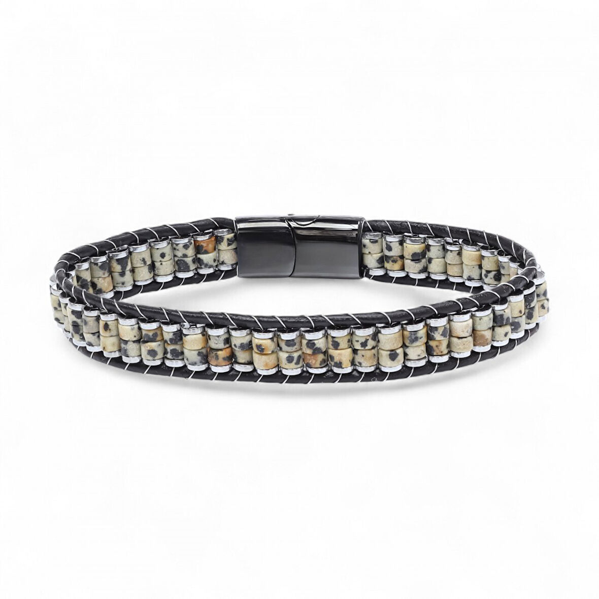  FM Dalmaçya Jasper & Hematit Çelik Örgülü Deri Bileklik 31832B22D3 