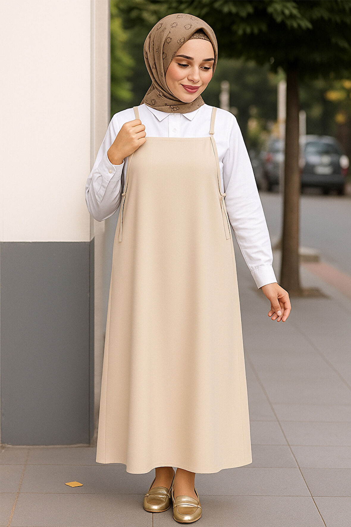 Kadın Taş Rengi Basic Ayarlanabilir Askılı Jile Elbise - Ekru - L-XL