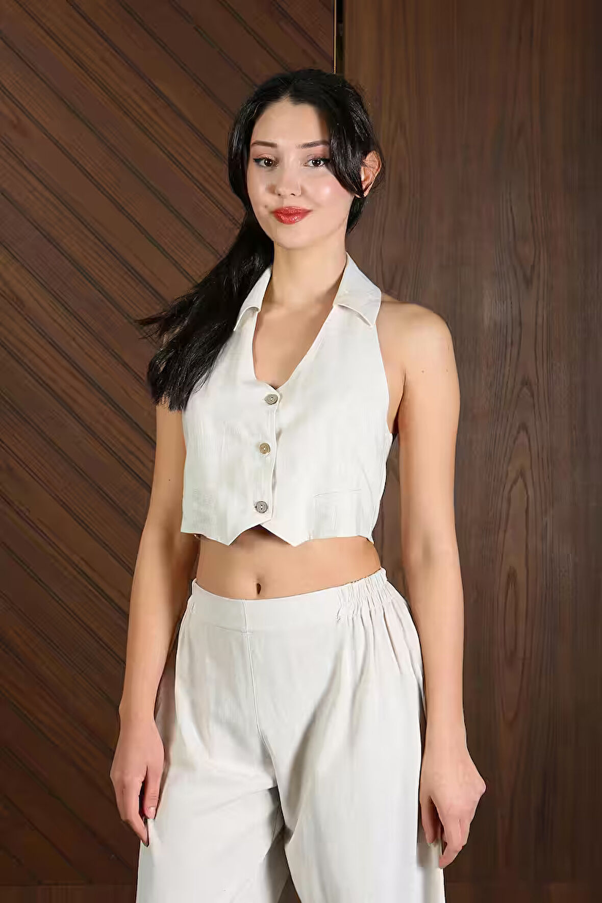 451004 Kybele Kadın Keten Crop Yelek