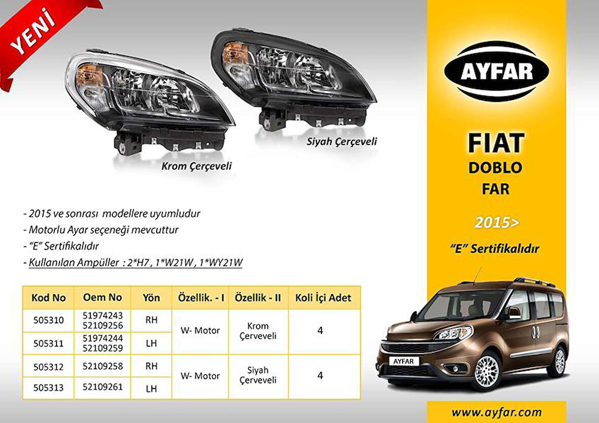 FAR SOL KROM ÇERÇEVELİ FIAT DOBLO 2015 51974244 52109259