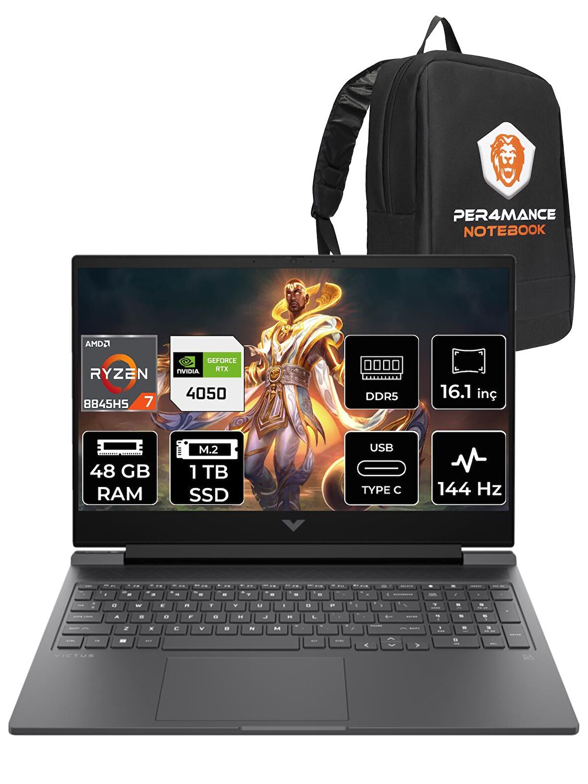 HP VİCTUS 16 R7 8845HS 48GB RAM 1TB SSD RTX4050/6GB 144HZ 16.1'' FHD FDOS 9Z794EA & PER4 ÇANTA