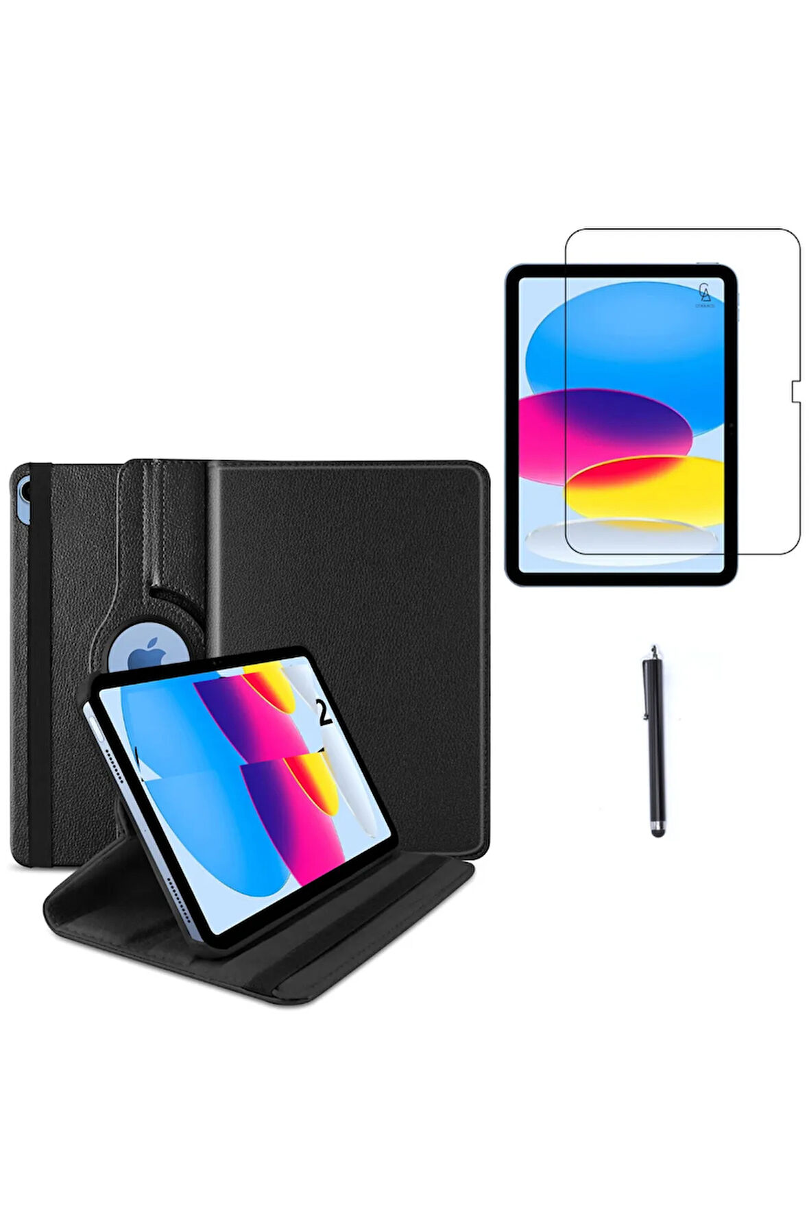 Apple iPad A16 11.nesil (A3354-A3355) Dönebilen Tablet Kılıfı + Ekran Koruyucu + Tablet Kalemi