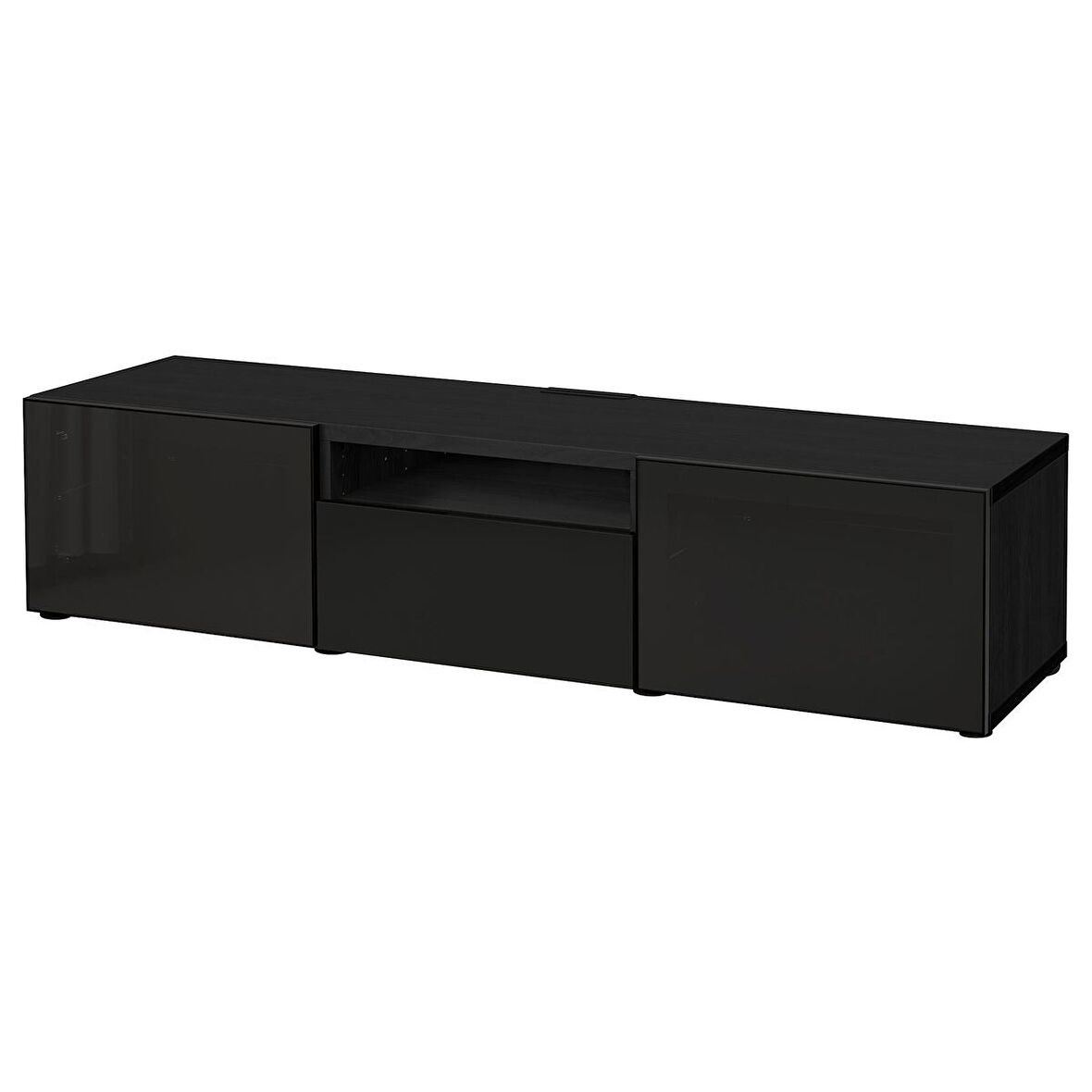 Tv sehpası, venge-parlak cila-siyah-füme cam, 180x42x39 cm, SELSVIKEN/GLASSVIK, çıt çıt raylı
