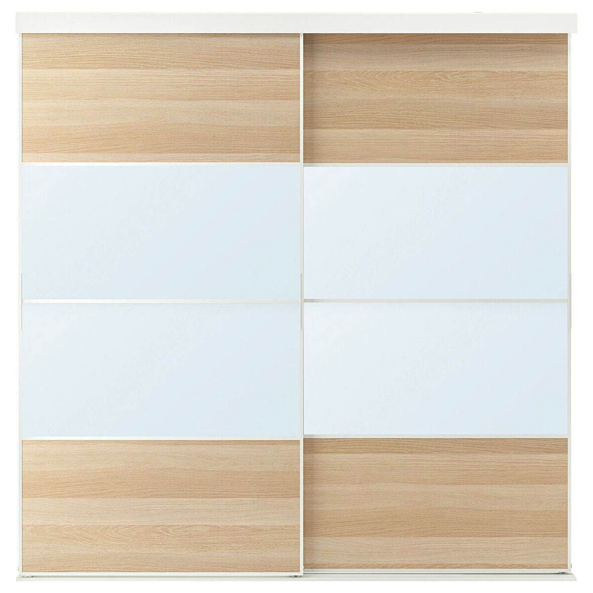 Gömme dolap için sürgü kapak, beyaz-ağartılmış meşe görünümlü aynalı cam, 202x205 cm