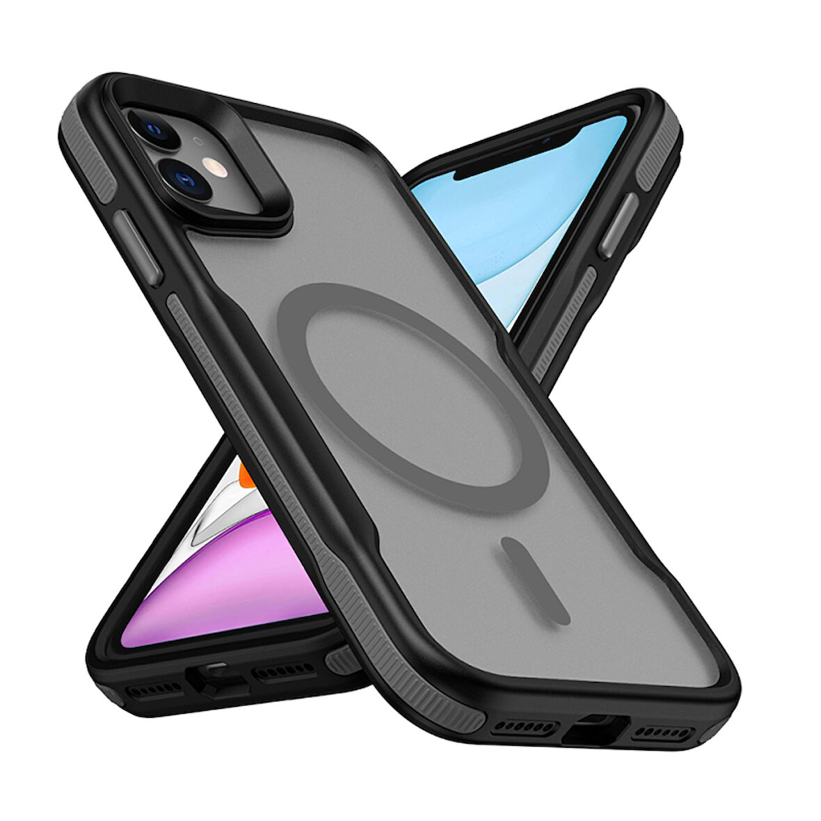 Apple iPhone 12 Uyumlu Kılıf Magsafe Wireless Şarj Özellikli Şerit Tasarımlı Kılıf Kapak