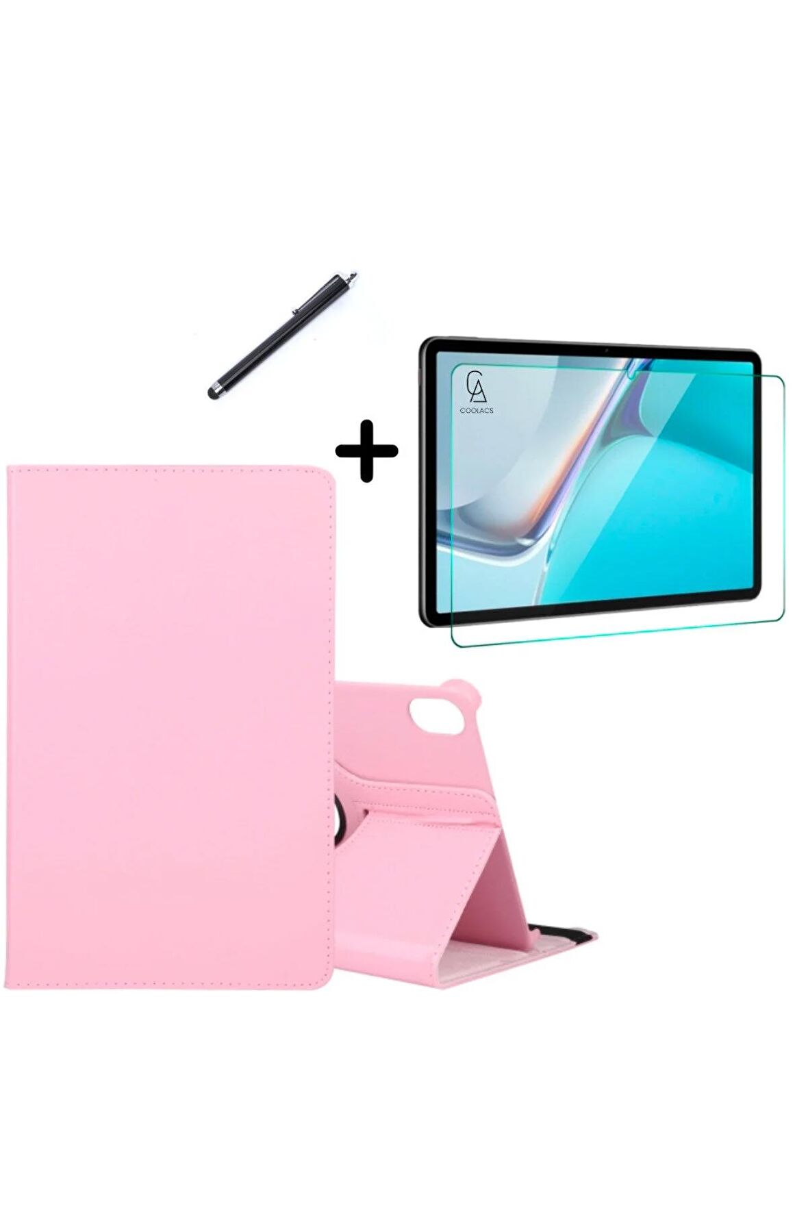 Huawei MatePad 11" 2023 360° Dönebilen Standlı Tablet Kılıfı Ekran Koruyucu ve Kalem Seti Açık Pembe