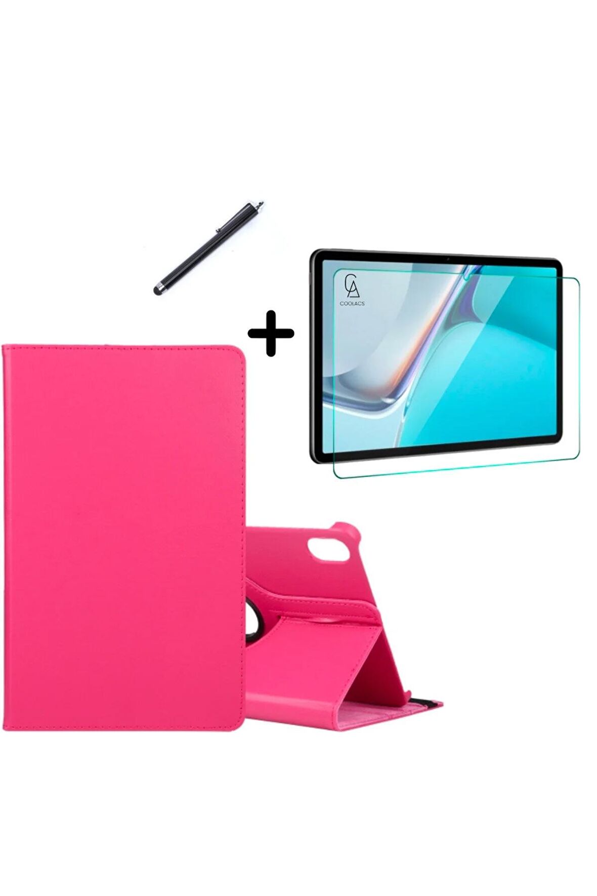 Huawei MatePad 11" 2023 360° Dönebilen Standlı Tablet Kılıfı Ekran Koruyucu ve Kalem Seti Pembe