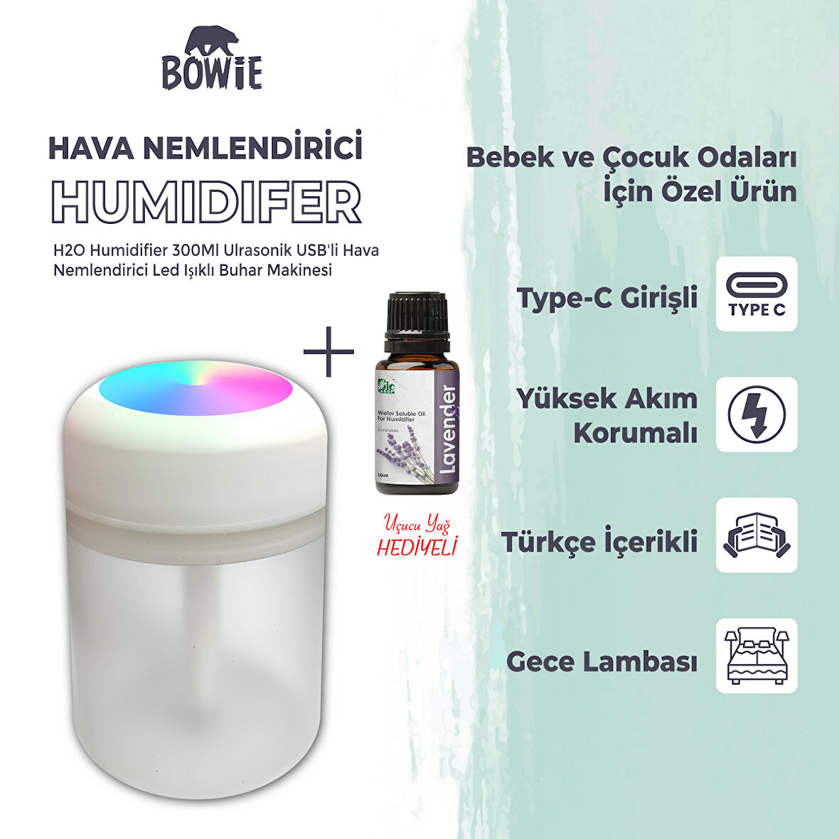 Çocuk ve bebek odaları için hava nemlendirici buhar makinası Işıklı gece lambası humidifer difüzör