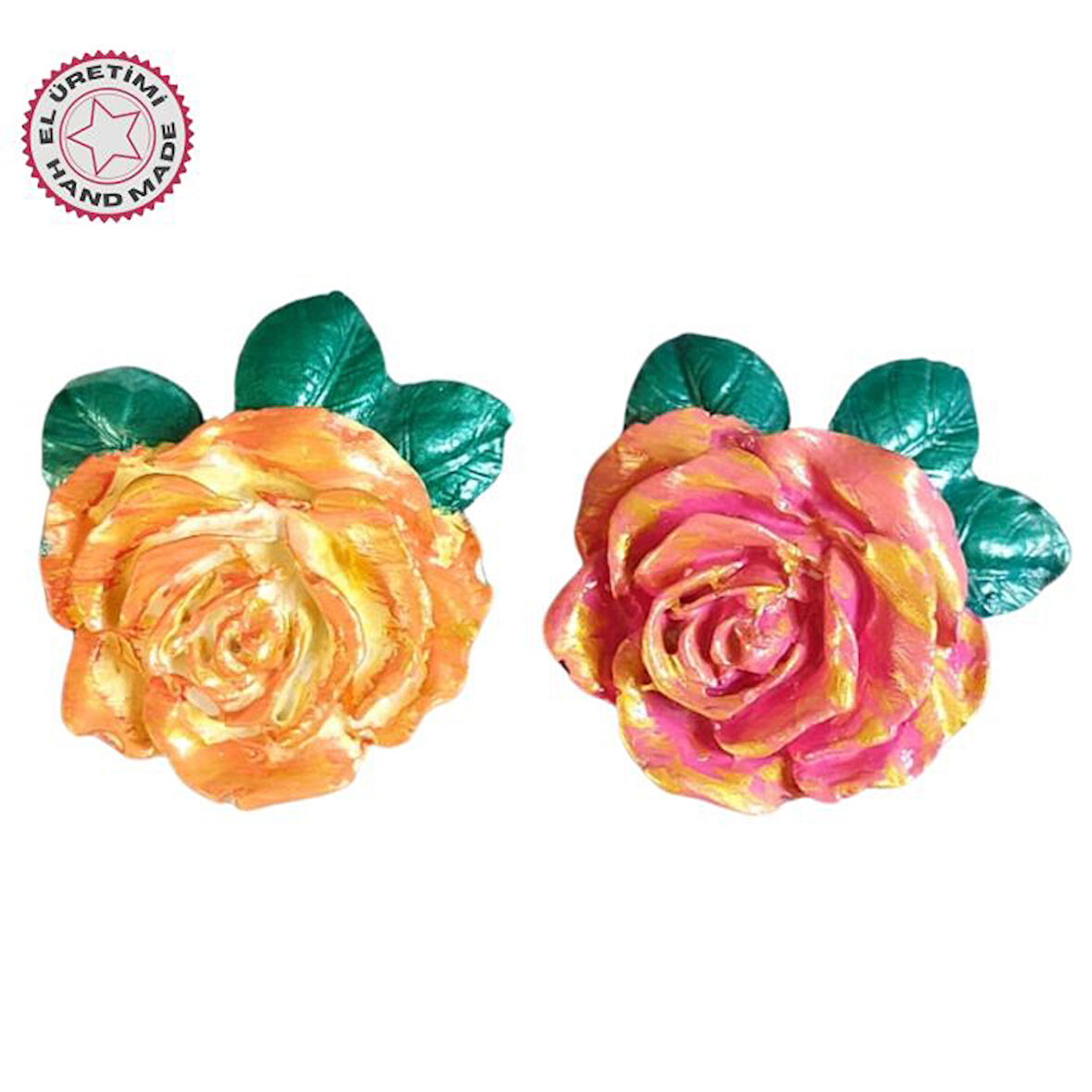 Uretti - Ayşe 7362 0385 El Yapımı Minik 2'li Pembe - Turuncu Renk Gül Magnet - 6 x 7 cm