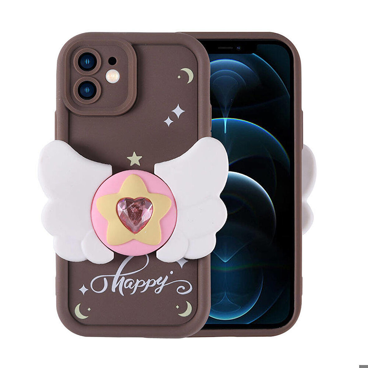 Apple iPhone 12 Uyumlu Kanatlı Kelebek Figürlü Standlı Kadın Telefon Kılıfı Kapak