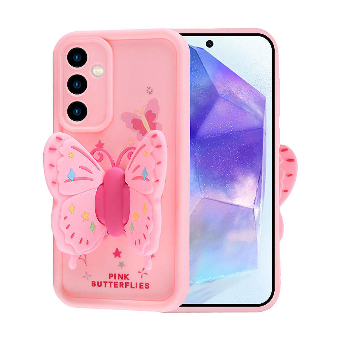 Samsung Galaxy A35 5G Uyumlu Kanatlı Kelebek Figürlü Standlı Kadın Telefon Kılıfı Kapak