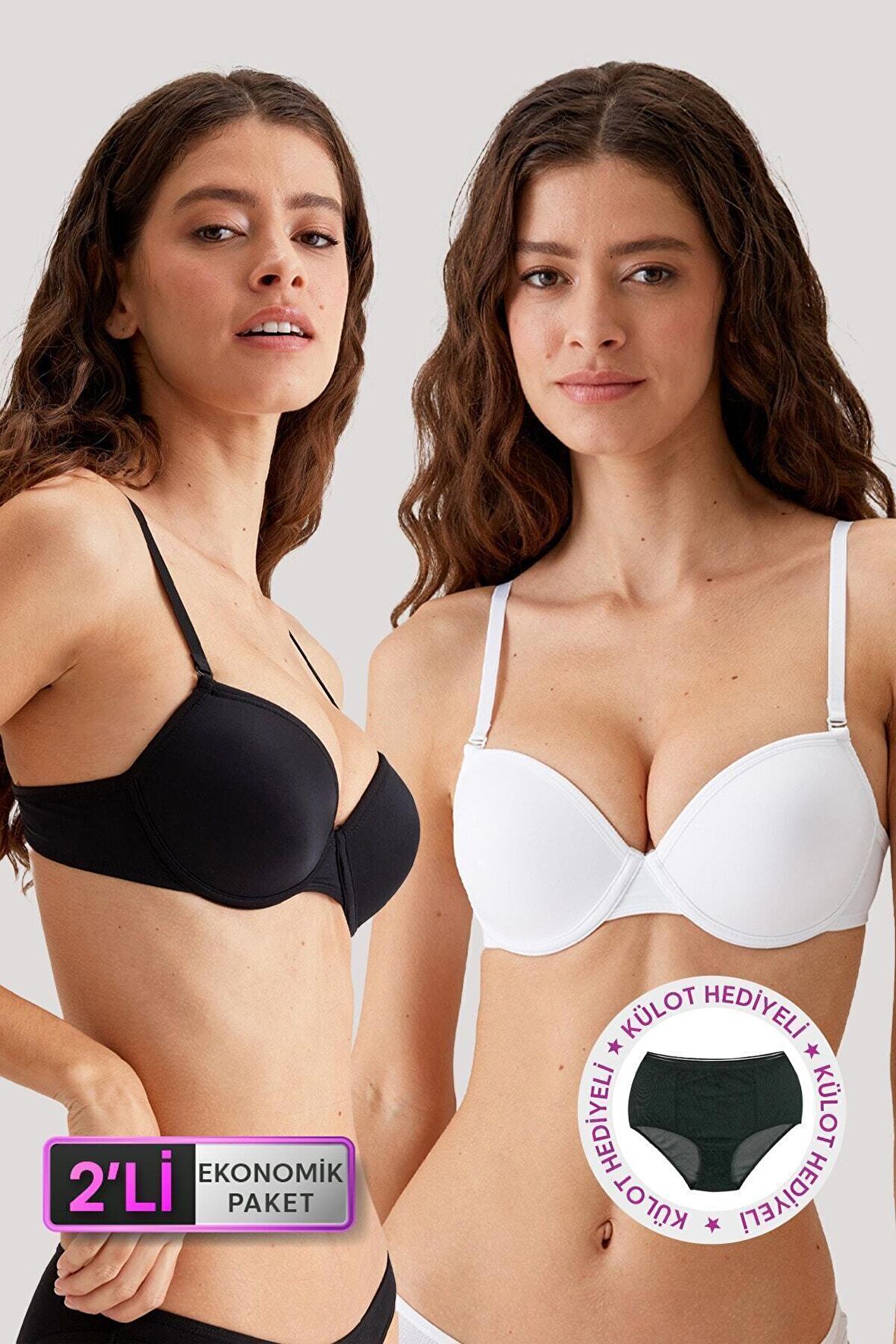 2'li Ekonomik Paket Siyah-beyaz 6015 Milan Push Up Dolgulu Micro T-shirt Sütyen Seti Slip Hediyeli