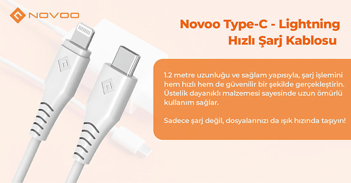 Novoo Type-C iPhone Lightning Hızlı Şarj Kablosu Beyaz 1.2 Metre