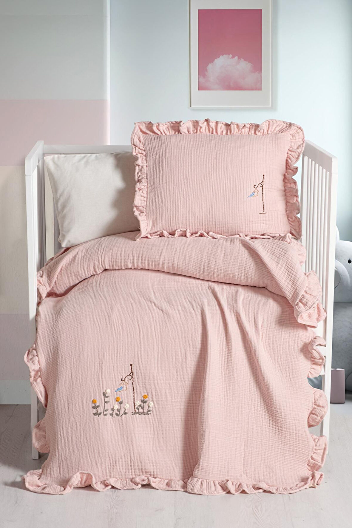 Kanz 4 Kat Hand Made Fırfırlı Müslin Örtü Seti Knz-020 Pudra