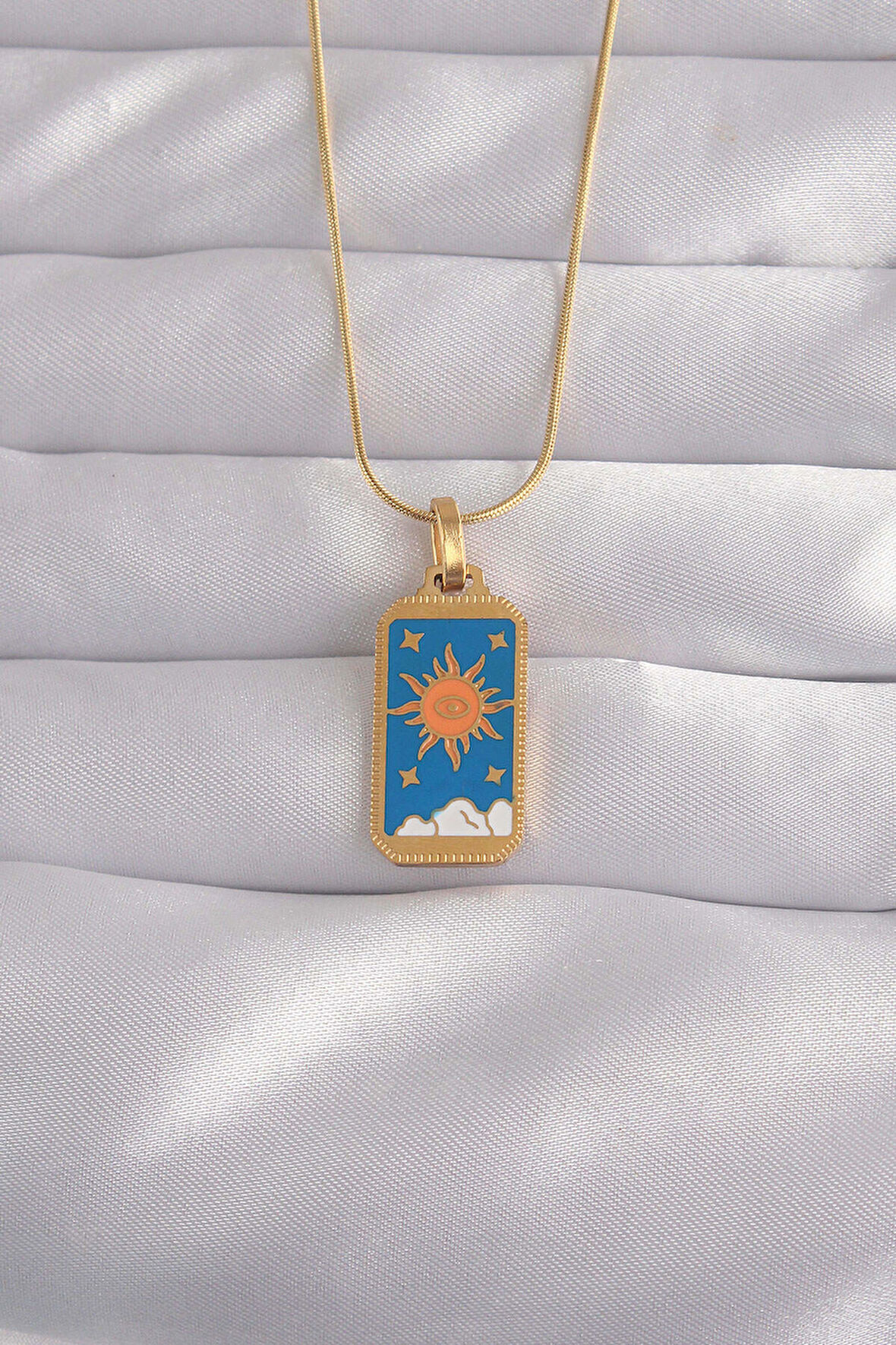 316L Çelik Gold Renk Mavi Mineli Güneş Model Tarot Kolye - Lisinya