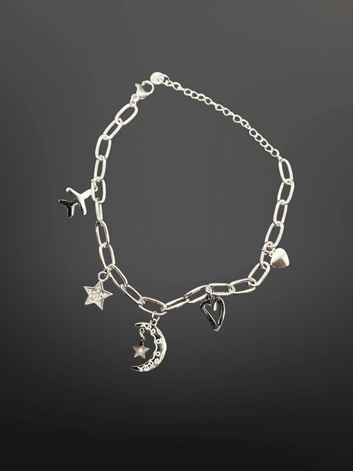 Gümüş Renk Charm Figürlü 316L Çelik Zincir Bileklik | Ay, Yıldız, Kalp Detaylı Şık Tasarım