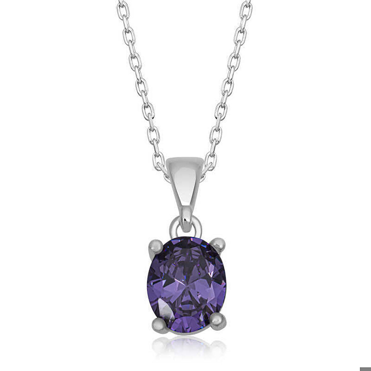 Gümüş Mor Kristal Oval Taşlı Kadın Kolye