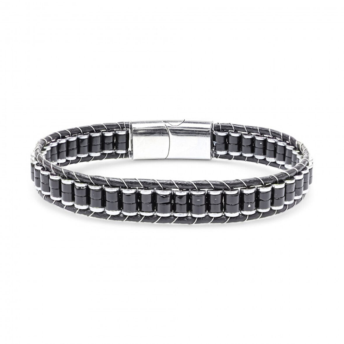  FM Oniks & Hematit Çelik Örgülü Deri Bileklik 31832B22D2 