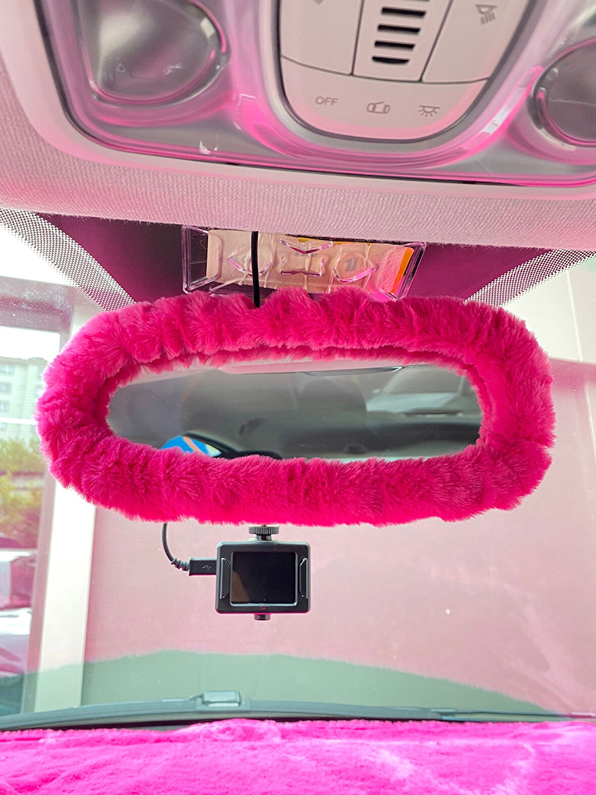 Peluş Dikiz Ayna Kılıfı Süs Fuşya Pembe