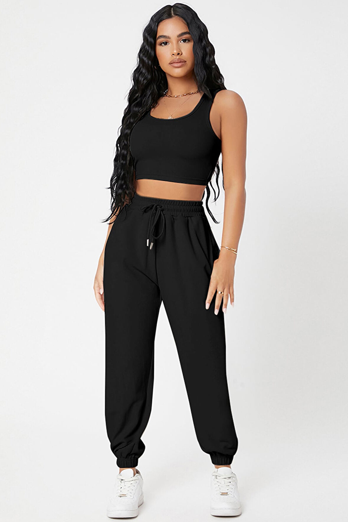 Kadın Siyah Kaşkorse Cepli Jogger Eşofman Altı Ve Crop Top Bluz