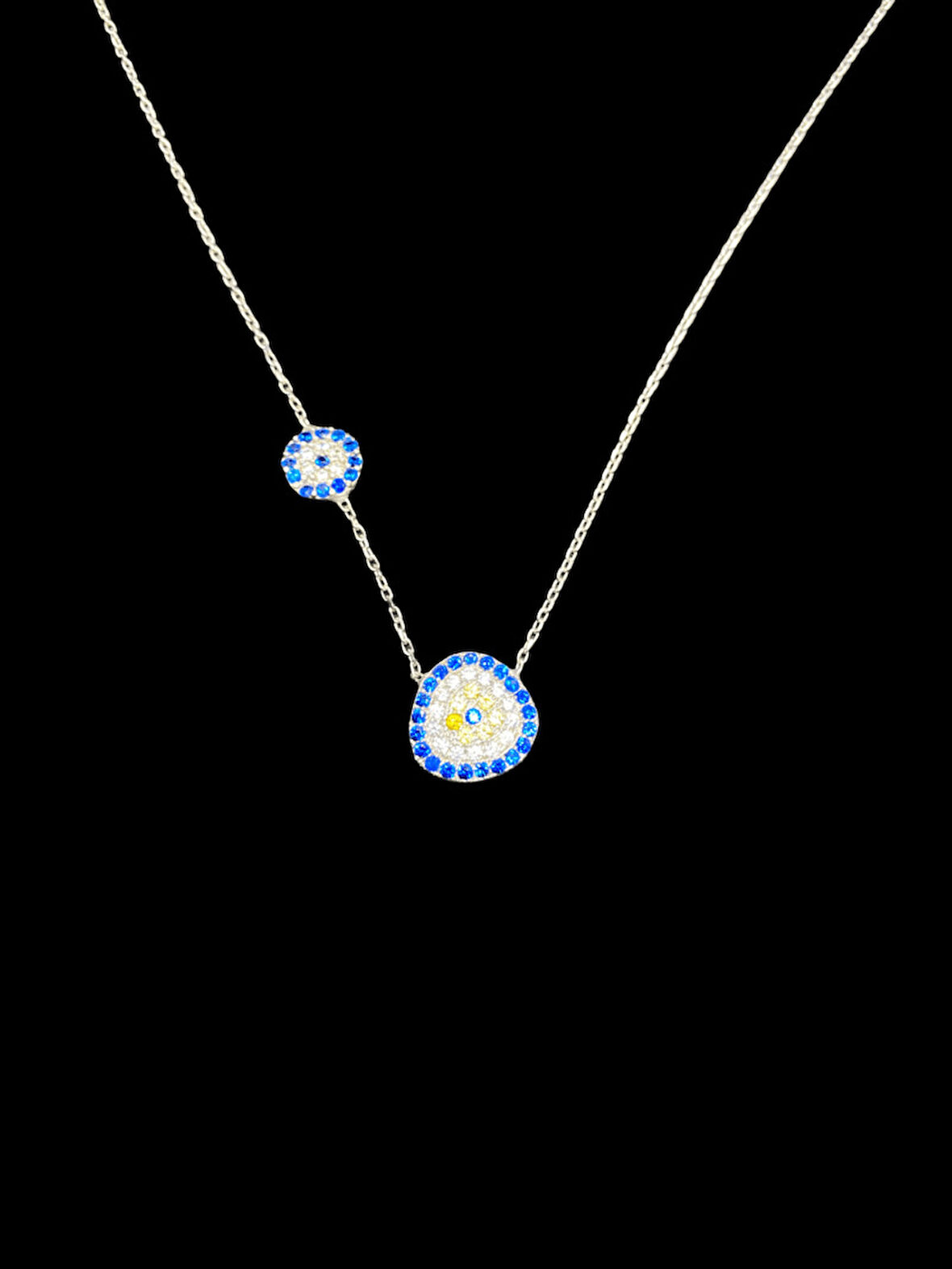 925 Ayar İthal Gümüş Çift Nazar Boncuğu Kolye | Mavi & Sarı Zirkon Taşlı | Şık Özel Tasarım Hediye