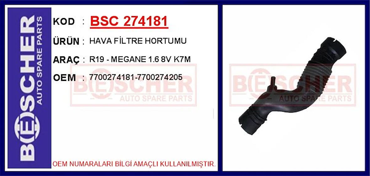 HAVA FİLTRE HORTUMU R19 - MEGANE 1.6 85 K7M 7700274181 7700274205