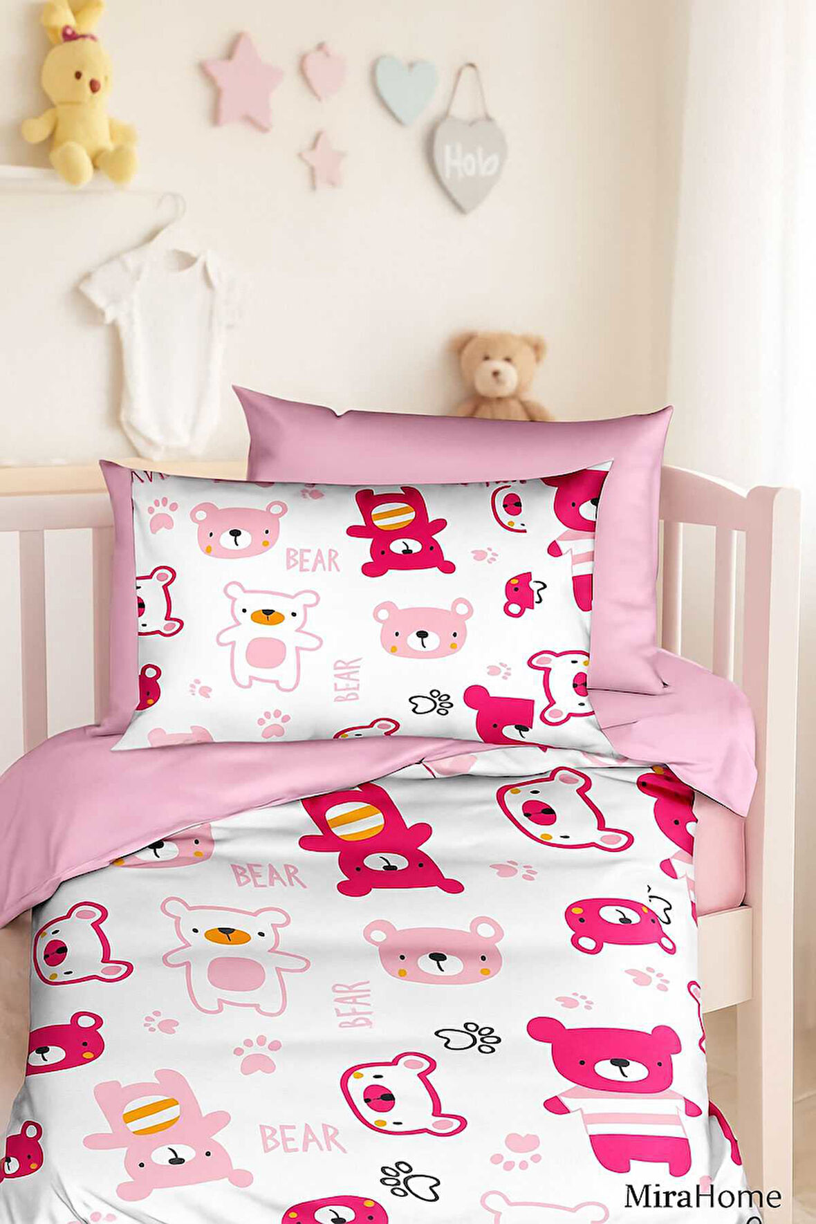 Dijital Baskılı 3d Pamuklu Yenidoğan Bebek Nevresim Takımı Bear Toy Pink