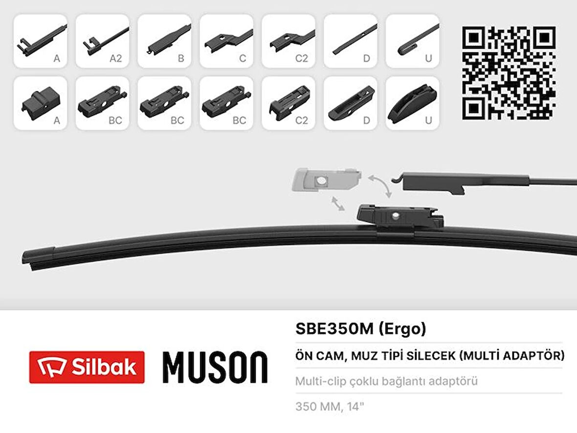 SİLECEK SÜPÜRGESİ MUZ TİPİ 350MM A. BC.C2.D VE U TİPİ KOLLAR ICIN MULTİ ADAPTORLÜ