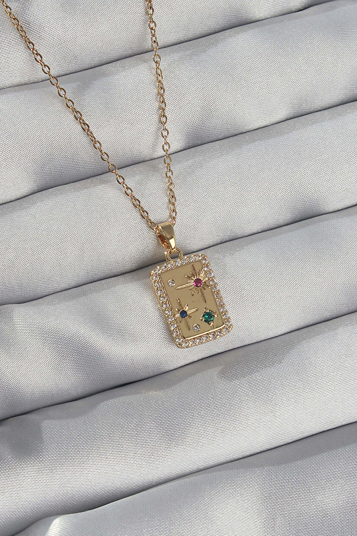 316L Çelik Zincir Gold Renk Renkli Zirkon Taşlı Vintage Kolye - Lisinya