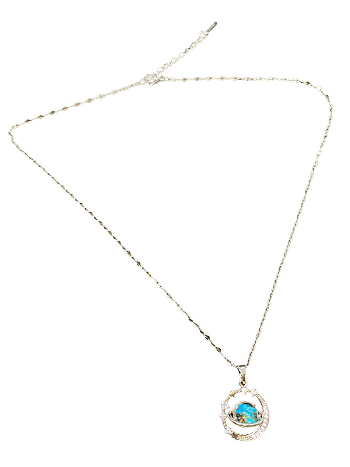 Gümüş Renk Parlak ve Şık 316L Çelik VIP Mavi Taşlı Gezegen Model Kadın Kolye - Göz Alıcı Şık Tasarım