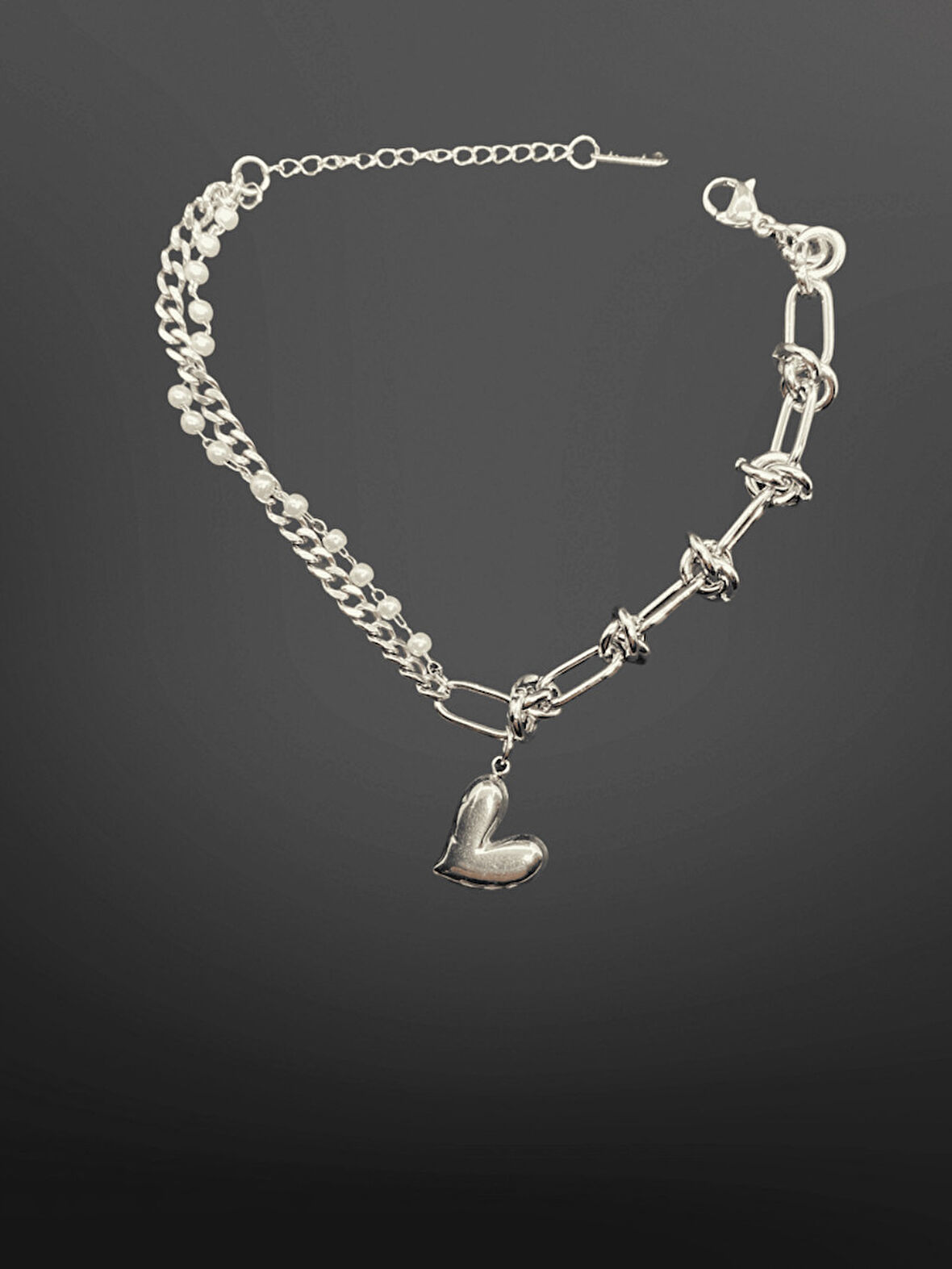 Gümüş Renk Kalp Figürlü İnci ve Zincir Detaylı 316L Çelik Bileklik  | Zarif ve Modern