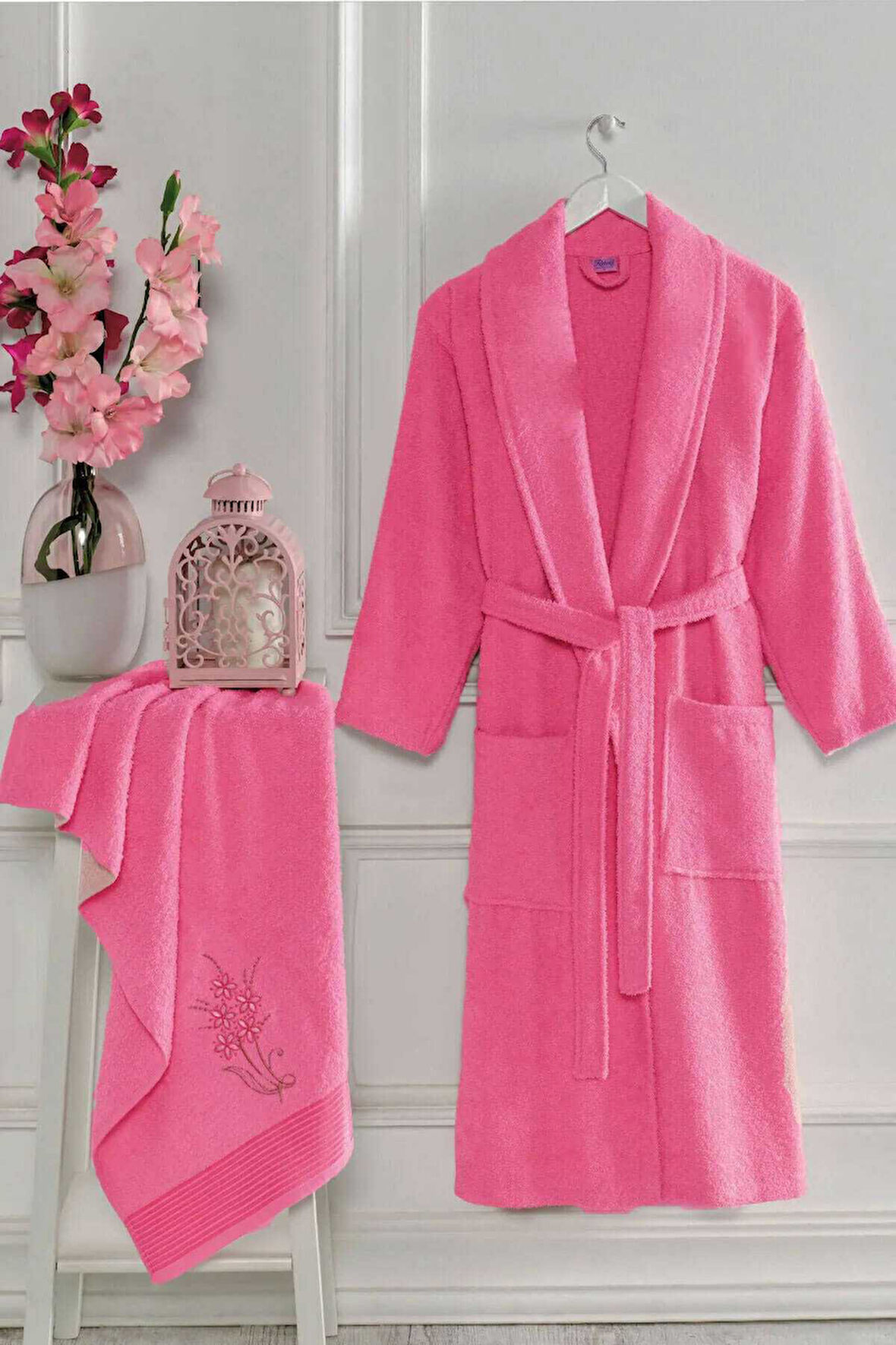 Kadın Havlulu Banyo Bornoz Takımı &#37;100 Pamuklu Fuşya - L-XL