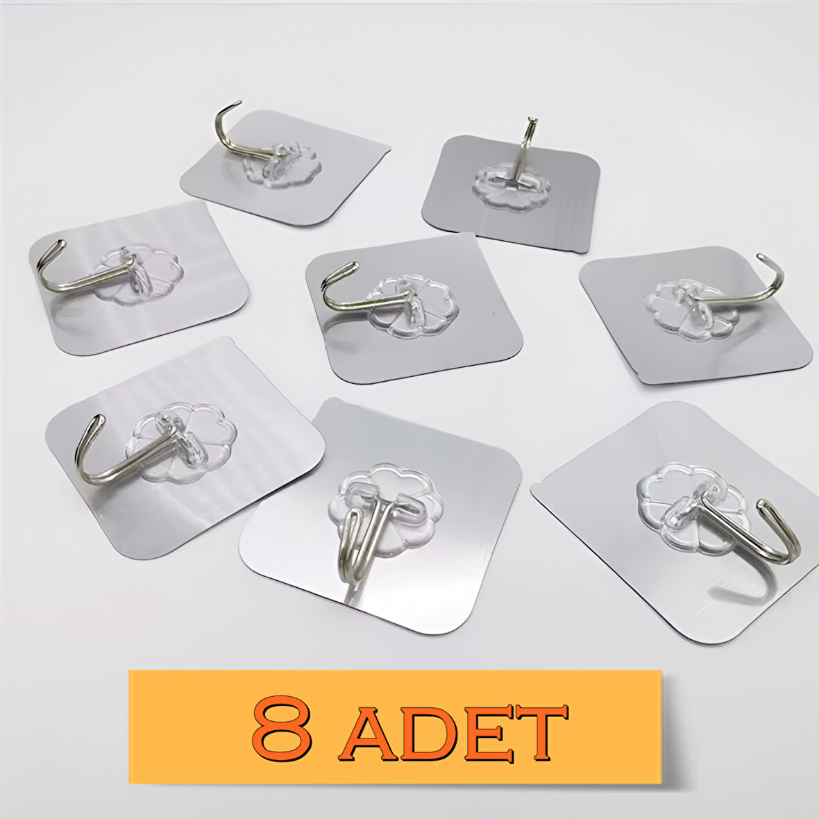 8 Adet 6x6 Cm Şeffaf Kendinden Yapışkanlı Kancalı Suya Dayanıklı Güçlü Askı