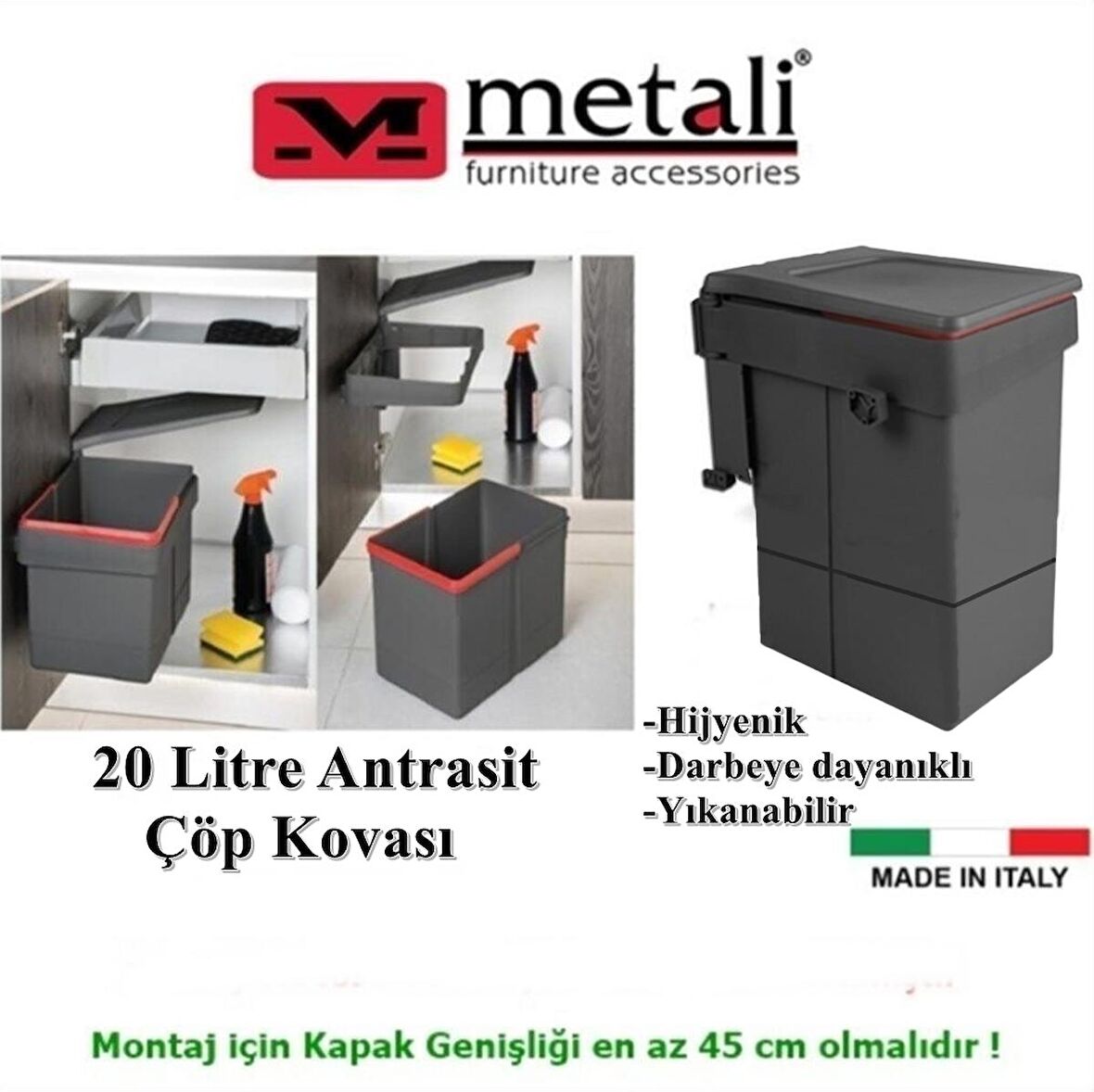 Almital Mobilya METALİ Kapağa Monte Çöp Kutusu Antrasit 20 Litre 