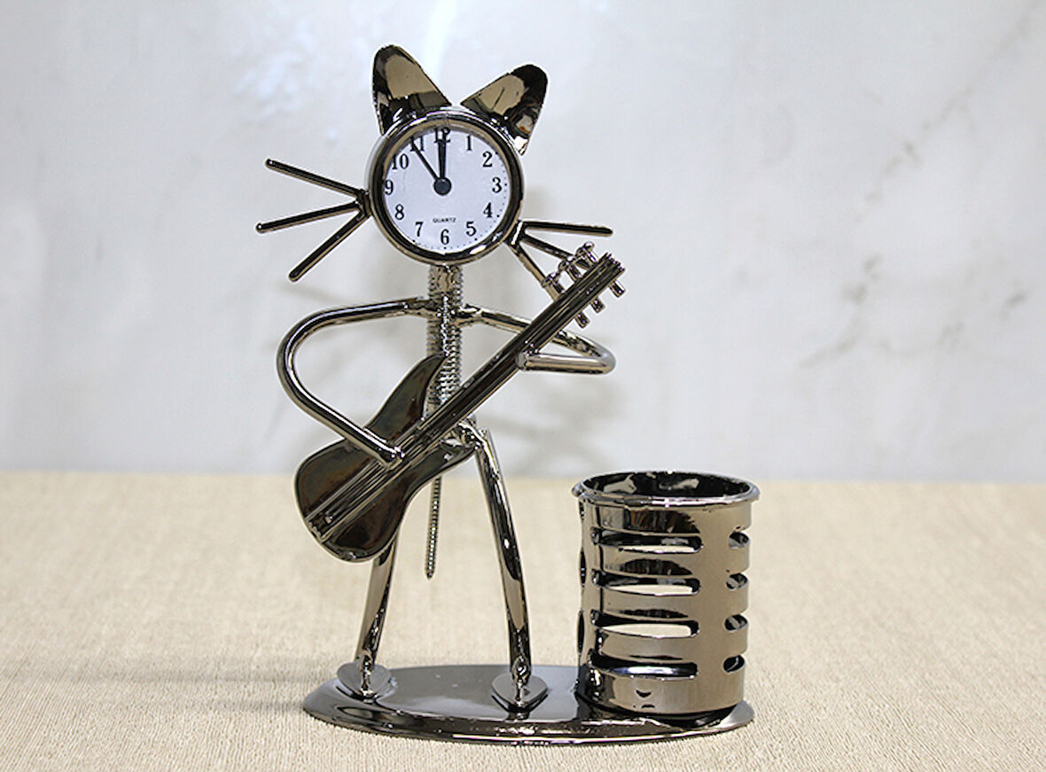 Metal Gitar Çalan Müzisyen Kedi Saat Ve Kalemlik 