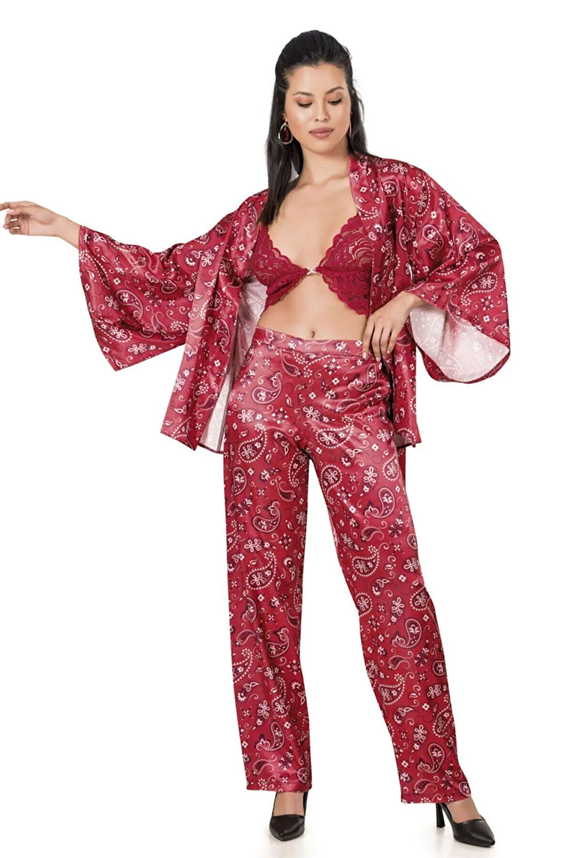 Saten Üçlü Braledli Saten Pijama Takımı - 227