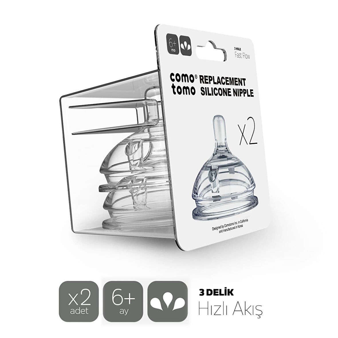 Comotomo Silikon 2'Li Biberon Emziği Hızlı Akış 6+ Ay