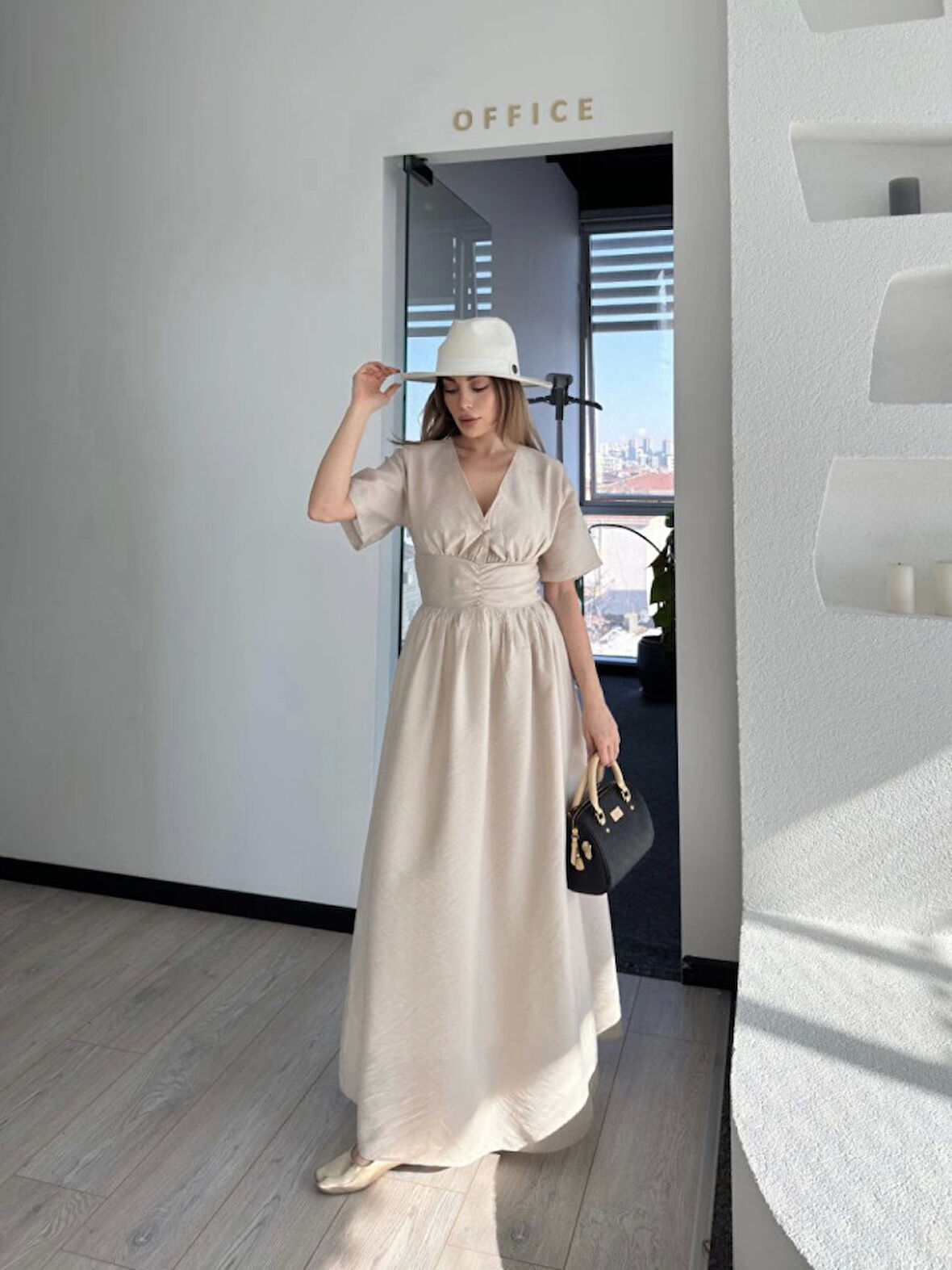 Kısa Kollu Uzun Elbise - Kırık Beyaz