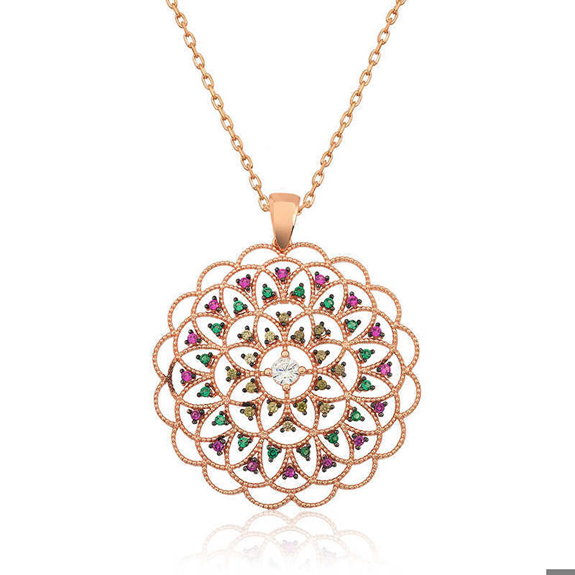 Gümüş Rose Geometrik Desenli Madalyon Kolye