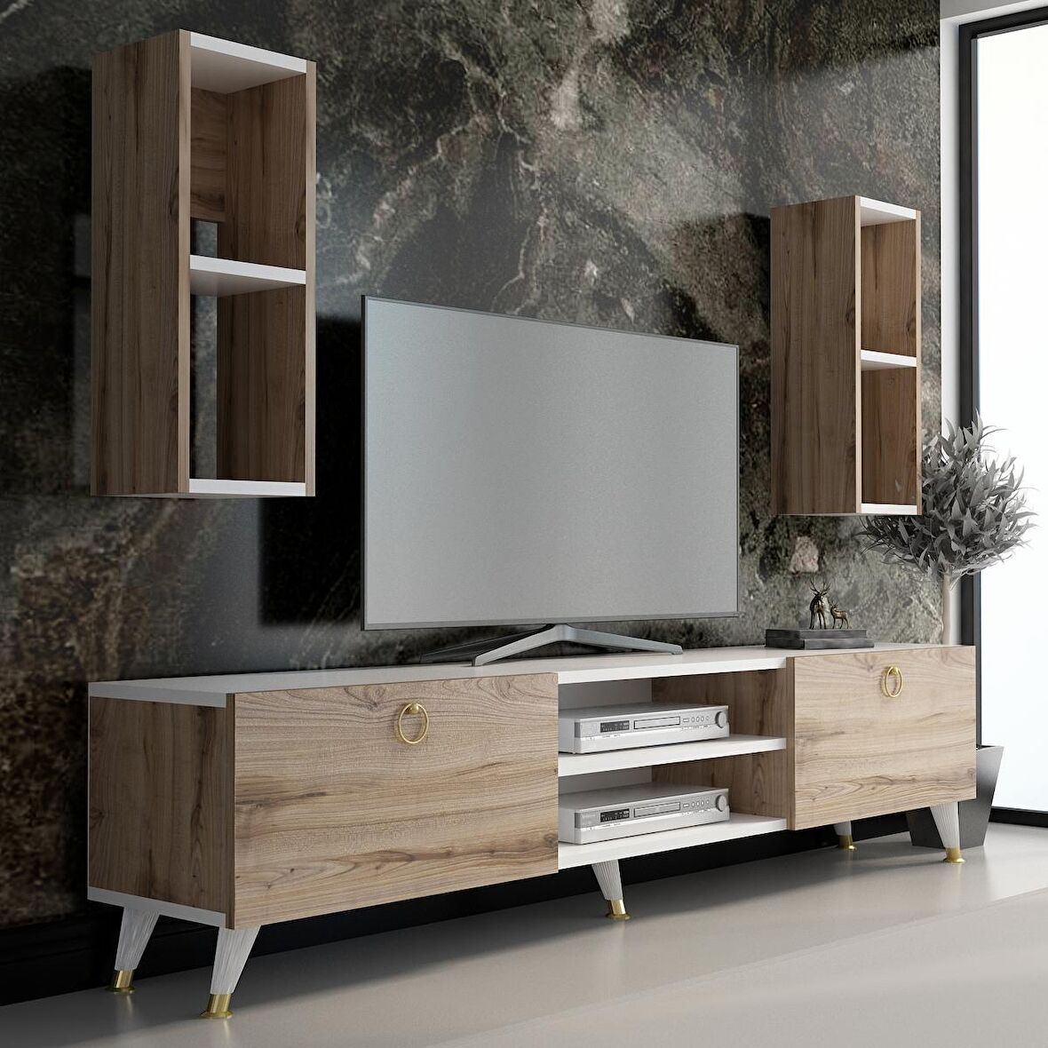 MOBİLYA GEZEGENİ X2136 GOLD TV ÜNİTESİ Beyaz - ÇIRAĞAN