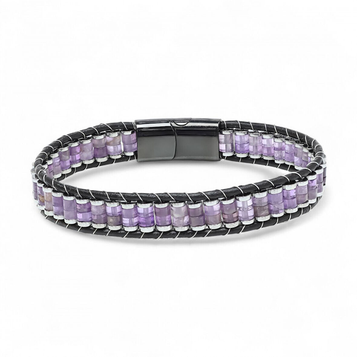  FM Ametist & Hematit Çelik Örgülü Deri Bileklik 31832B22D7  -  21Cm 