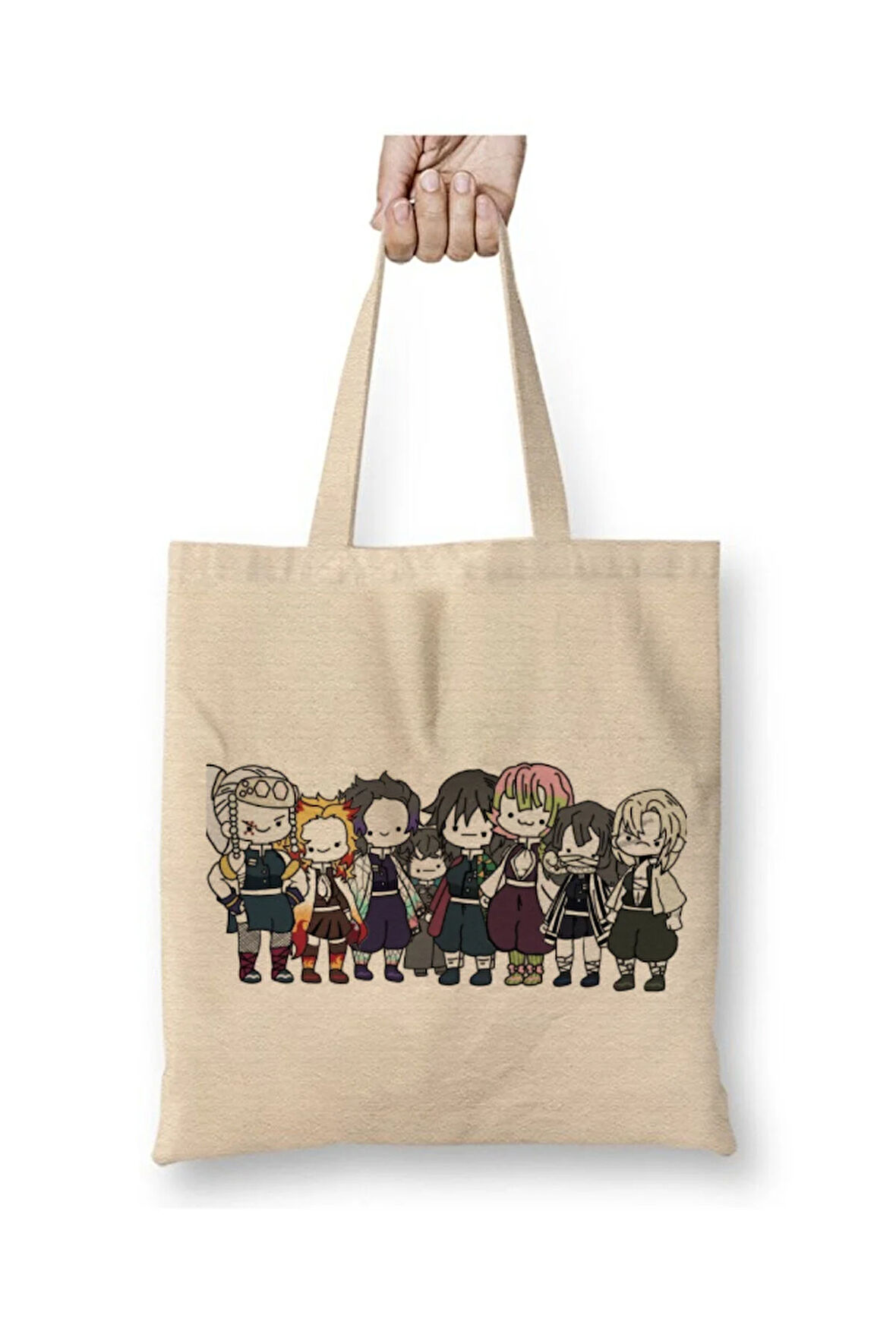 Demon Slayer İblis Keser Karakterler 01 Beyaz Bez Çanta Uzun Saplı Alışveriş Çantası Plaj Çantası