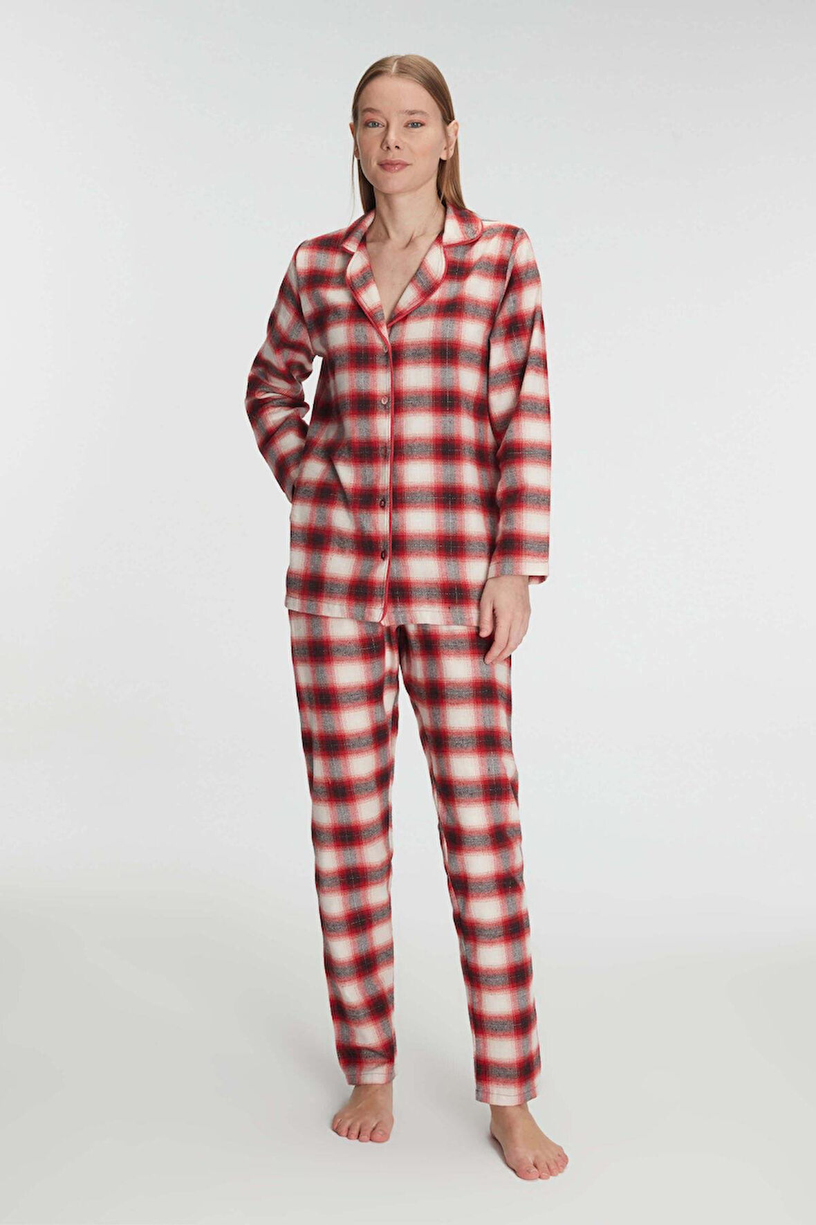 Anıl Pamuklu Uzun Kol Gömlek Ve Pantolon Takım - Kırmızı - S