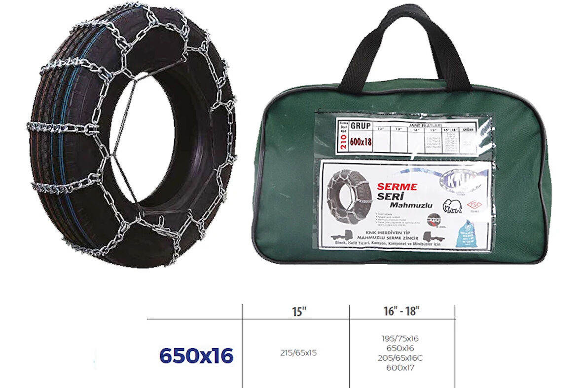 KAR ZİNCİRİ MİNİBÜS VE KAMYONET SERME 650X16 ZİNCİR EBATLARI İÇİN RESİME BAKINIZ