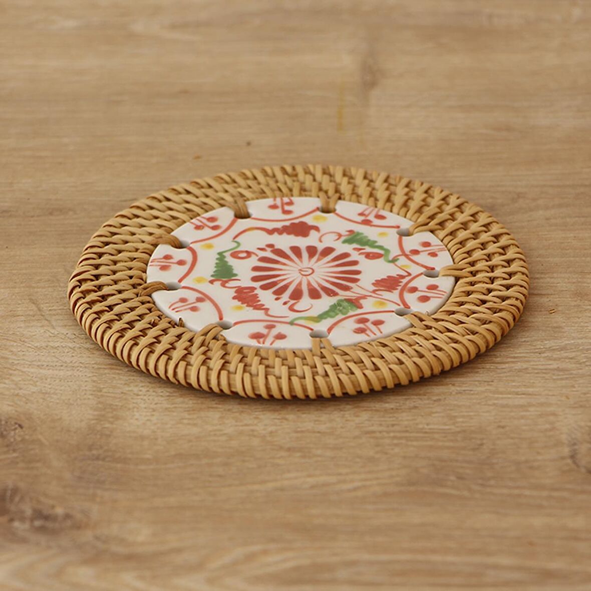 Japandi, Bohem Afrikan, İskandinav Kırmızı-Yeşil Rattan Hasır Dekoratif Fincan&Bardak Altlığı 12cm