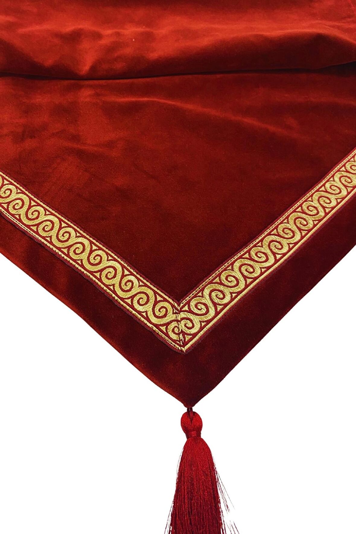 Bordo Gold Şeritli Püsküllü Kadife Runner 50x150