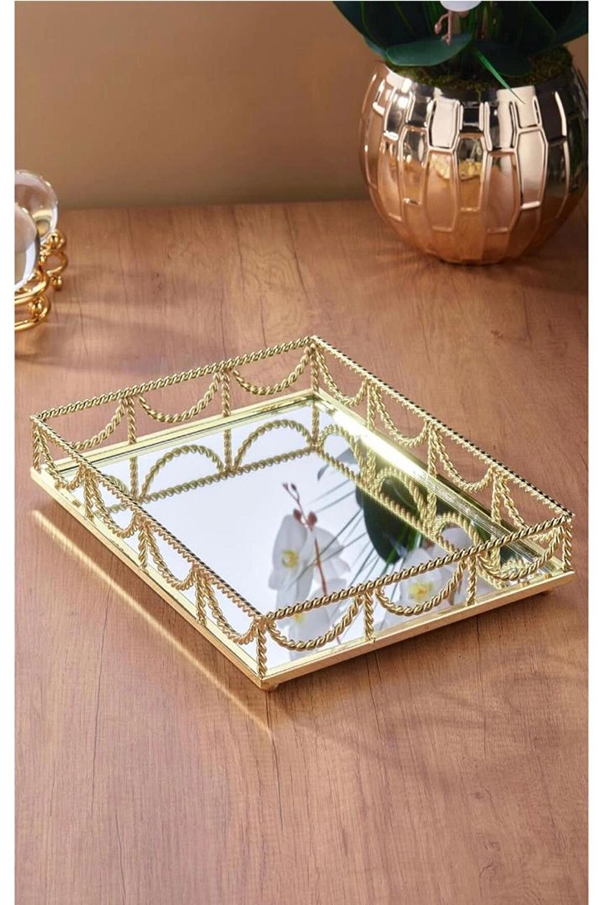 Dikdörtgen Gold Aynalı Tepsi 40x30 Cm