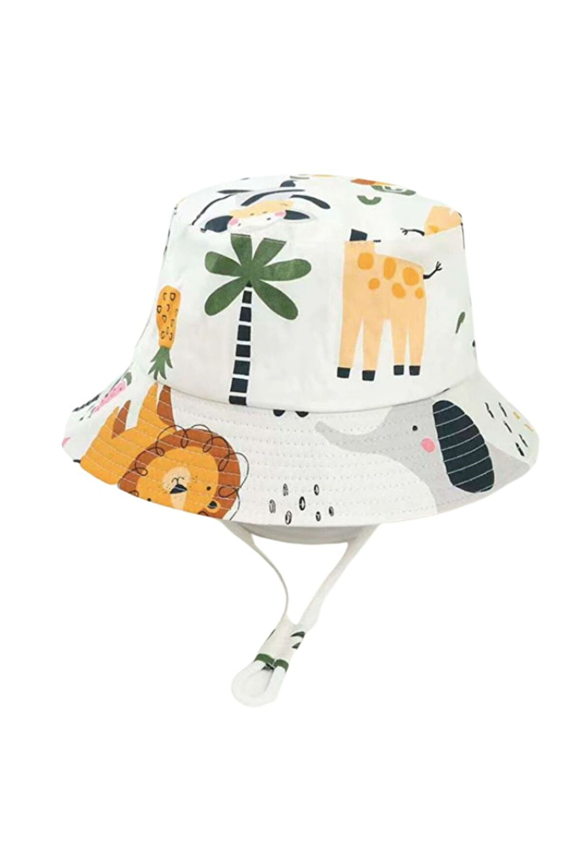 Güneş Korumalı Şapka – Beyaz Safari Hayvanları Aslan Fil Zürafa 52 Cm 2-5 Yaş