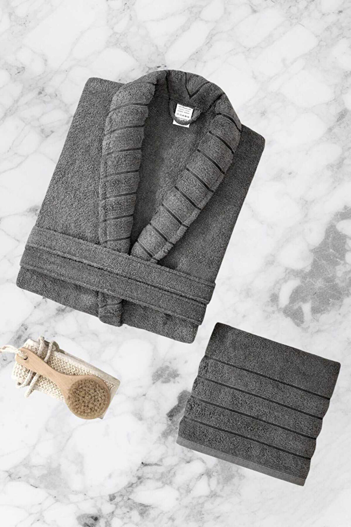 AquaLoom Lüx Erkek Bornoz ve Havlu Seti &#37;100 Pamuklu Antrasit - L-XL